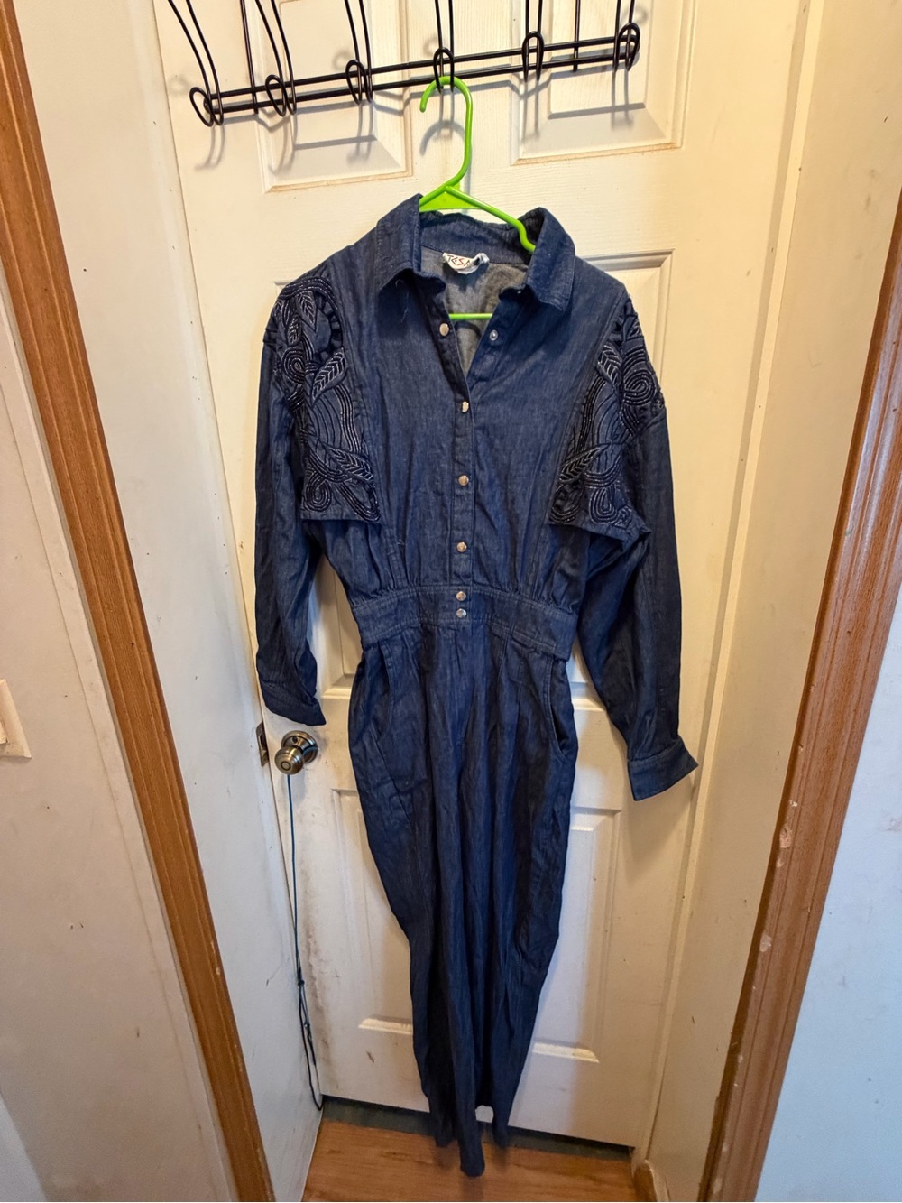 Vintage Denim Jumpsuit with Embroidered Shoulders - Dark Blue